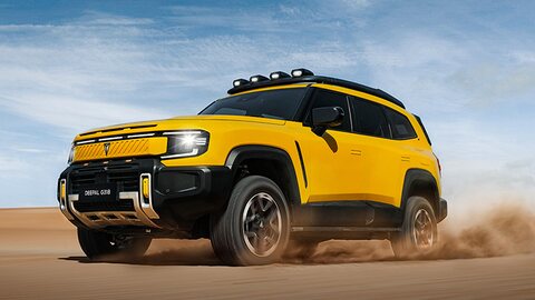 Deepal G318 in KDR yellow, kicking up sand on a desert track.