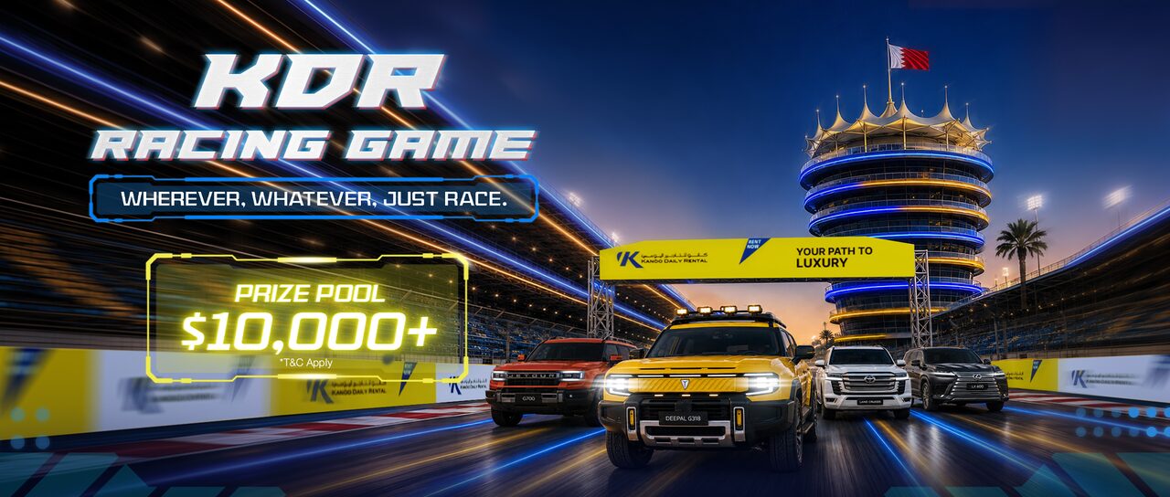 KDR Racing Game — five cars racing at night on the Bahrain International Circuit under the Sakhir Tower. Wherever. Whatever. Just Race. Prize pool $10,000+.